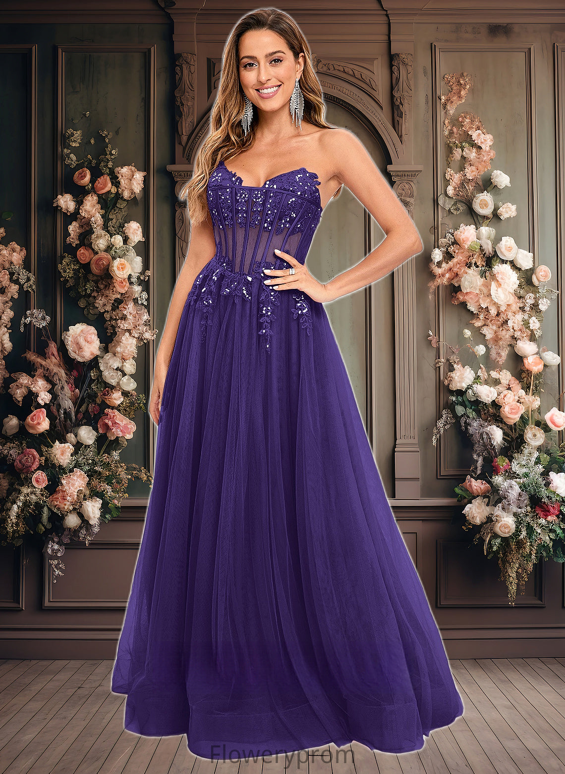 Elliana Ball-Gown/Princess V-Neck Floor-Length Tulle Prom Dresses With Sequins Appliques Lace HDP0025837