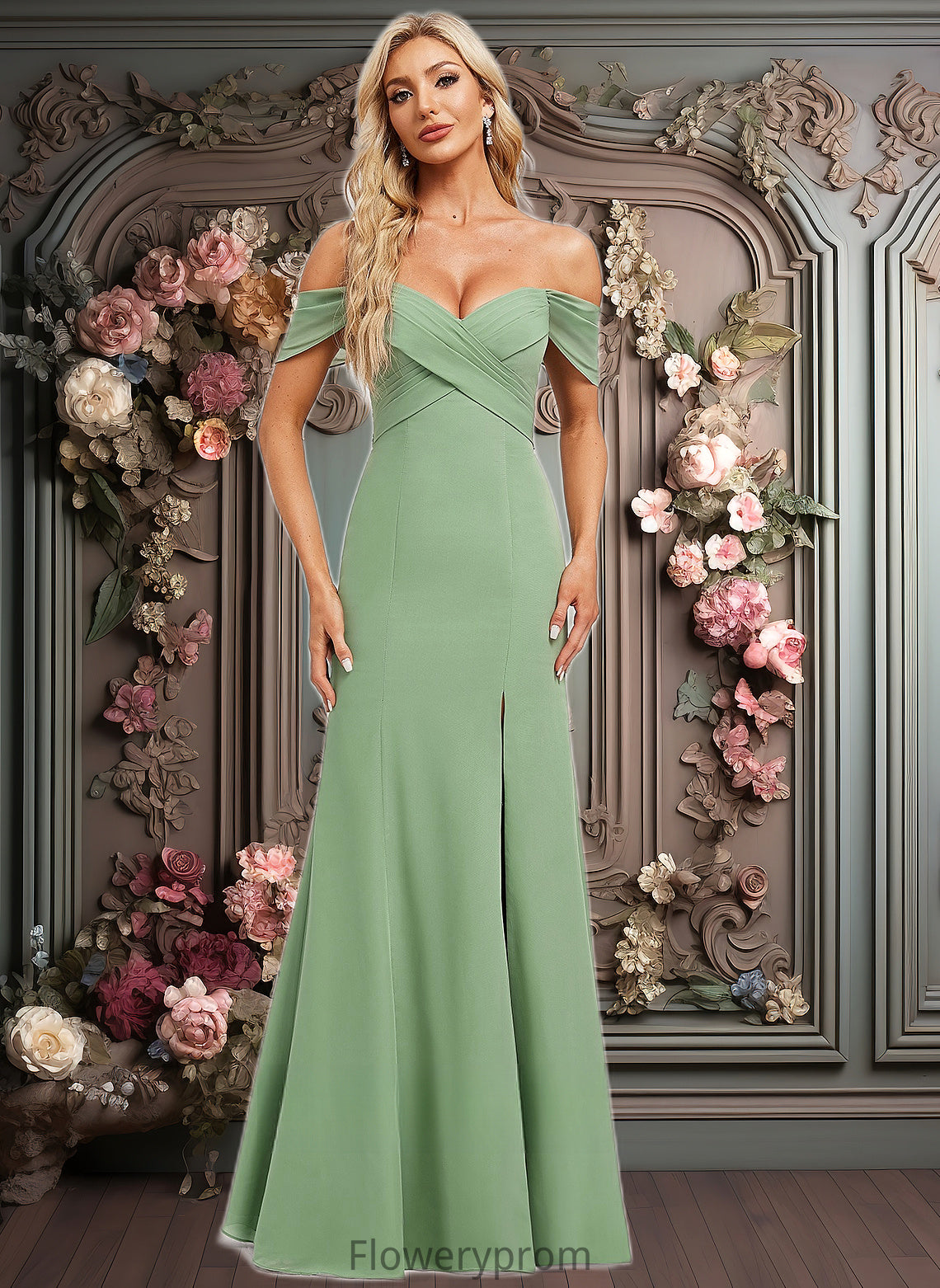 Maia Trumpet/Mermaid Off the Shoulder V-Neck Floor-Length Chiffon Bridesmaid Dress HDP0025810