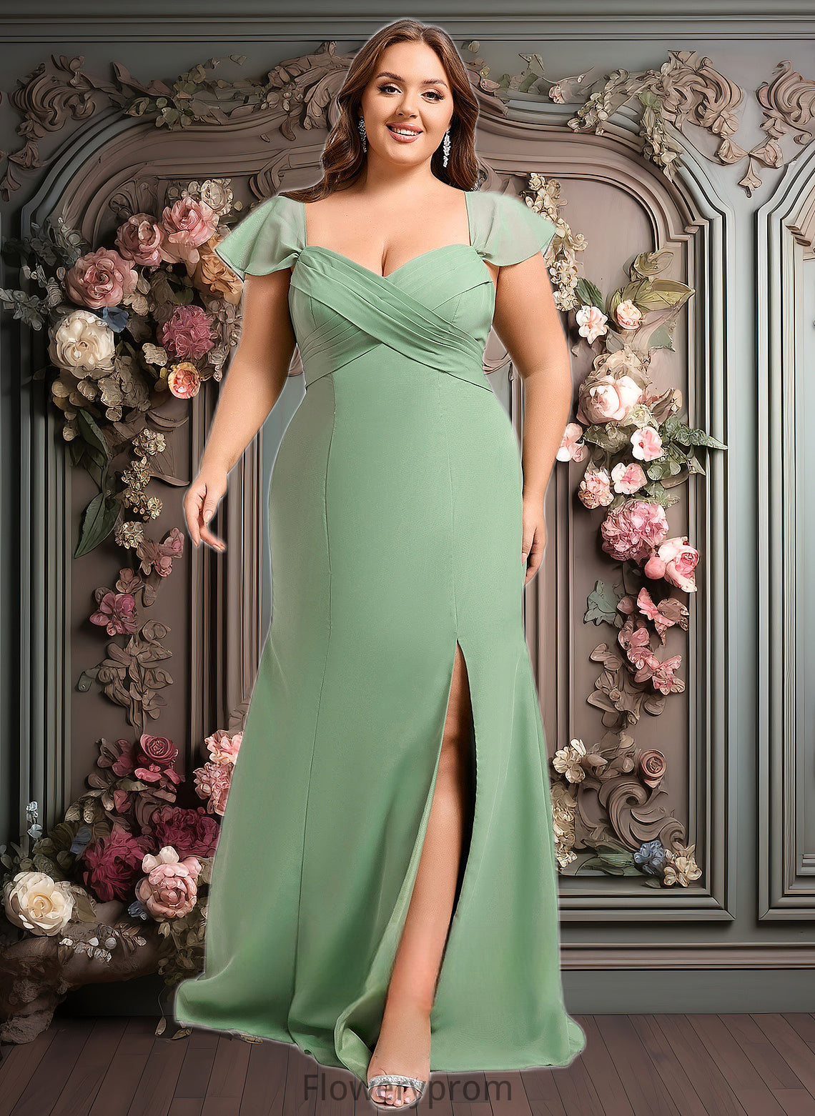 Maia Trumpet/Mermaid Off the Shoulder V-Neck Floor-Length Chiffon Bridesmaid Dress HDP0025810