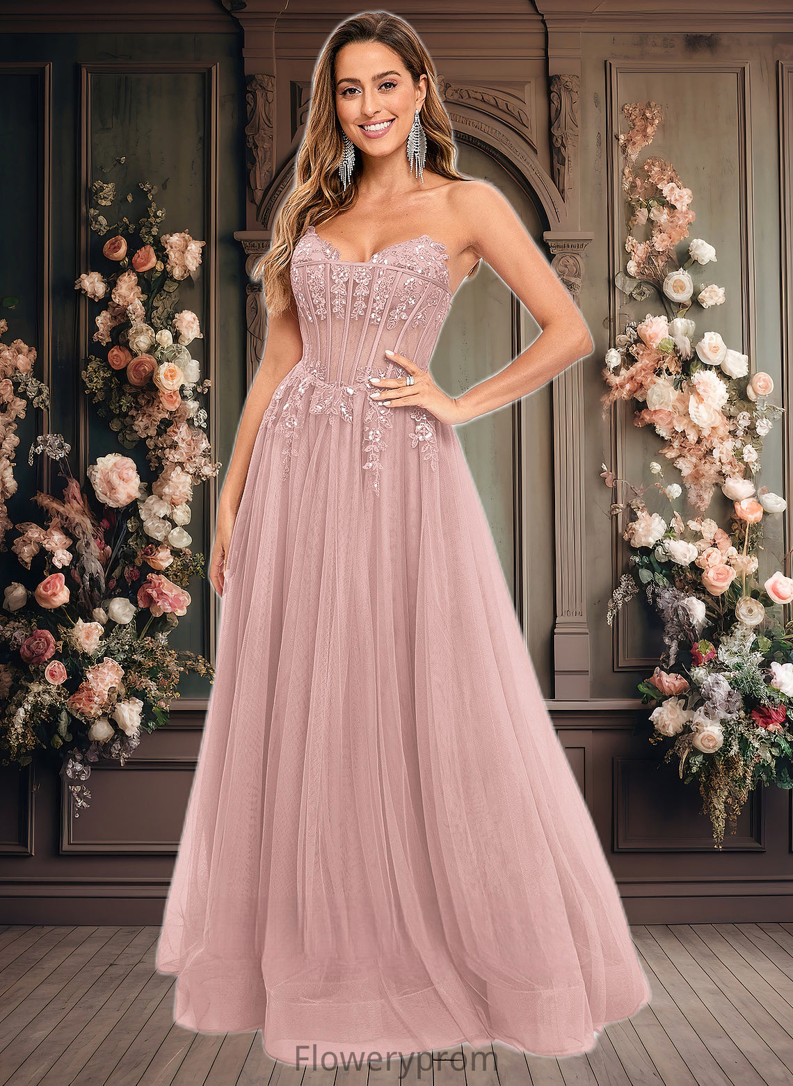 Elliana Ball-Gown/Princess V-Neck Floor-Length Tulle Prom Dresses With Sequins Appliques Lace HDP0025837