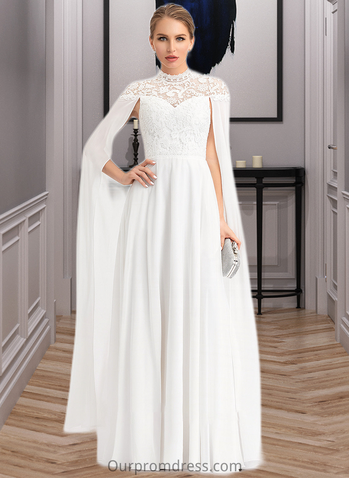 Suzanne A-Line High Neck Floor-Length Chiffon Wedding Dress HDP0013748