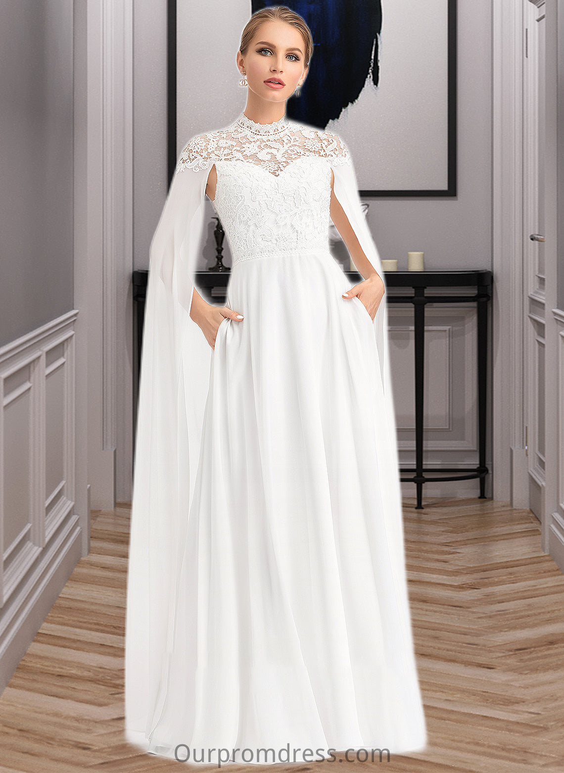 Suzanne A-Line High Neck Floor-Length Chiffon Wedding Dress HDP0013748