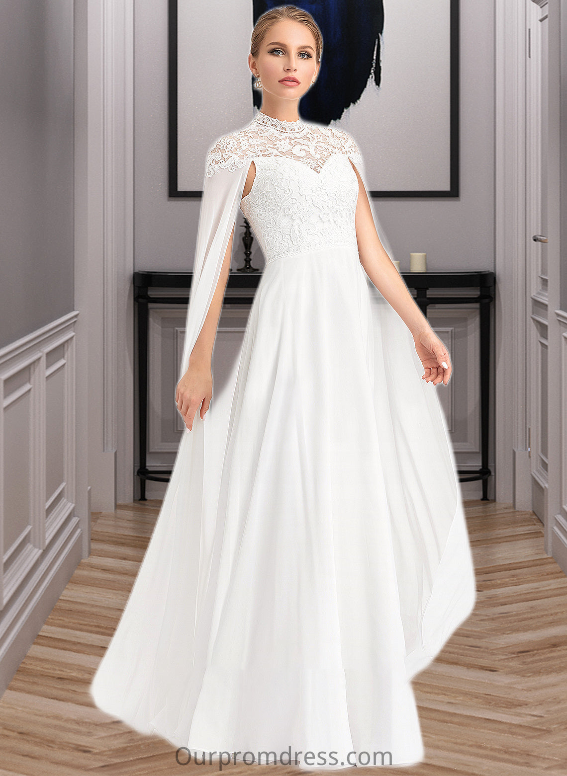 Suzanne A-Line High Neck Floor-Length Chiffon Wedding Dress HDP0013748