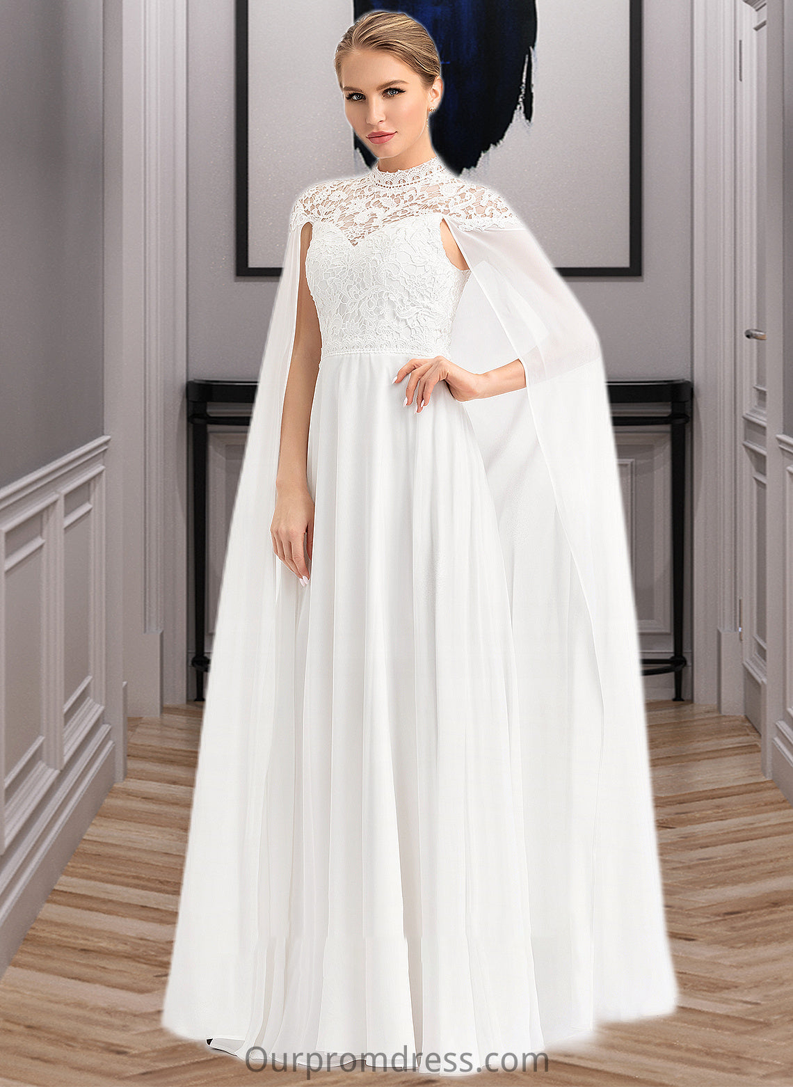 Suzanne A-Line High Neck Floor-Length Chiffon Wedding Dress HDP0013748