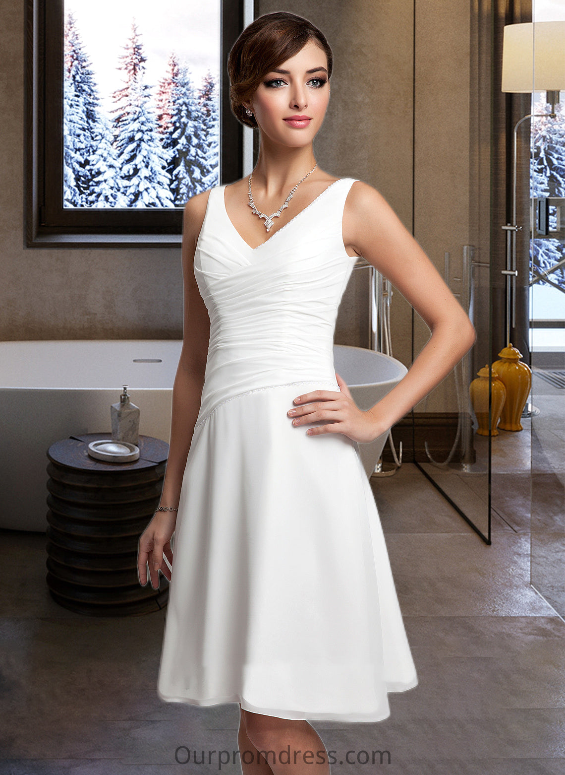 Camilla A-Line V-neck Knee-Length Chiffon Wedding Dress With Ruffle Beading Sequins HDP0013752