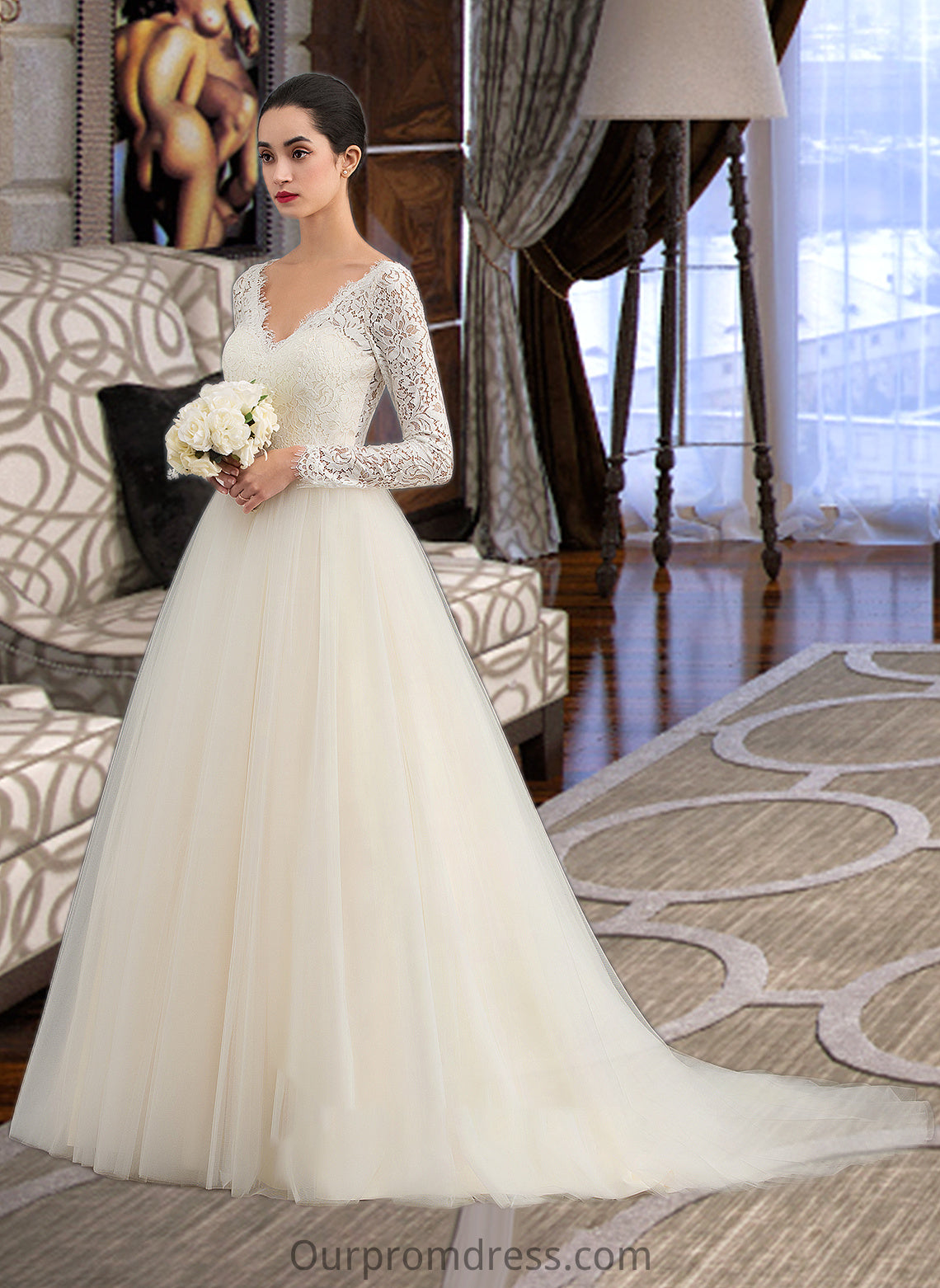 Makaila Ball-Gown/Princess V-neck Court Train Tulle Lace Wedding Dress HDP0013756