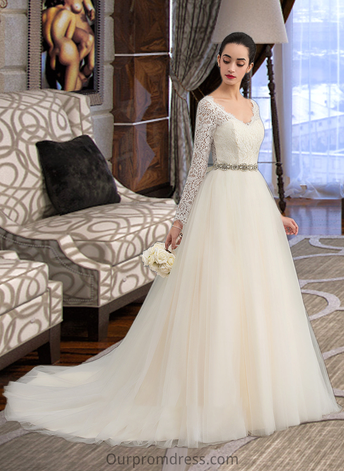 Makaila Ball-Gown/Princess V-neck Court Train Tulle Lace Wedding Dress HDP0013756