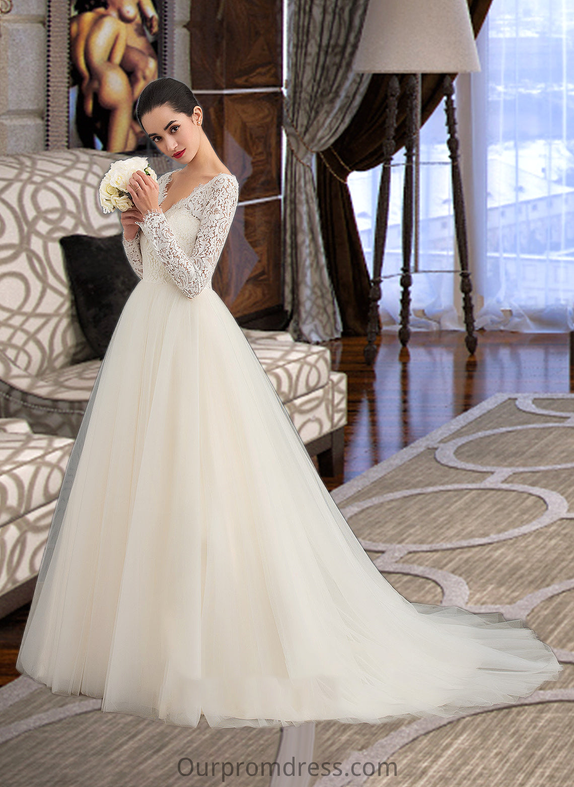 Makaila Ball-Gown/Princess V-neck Court Train Tulle Lace Wedding Dress HDP0013756