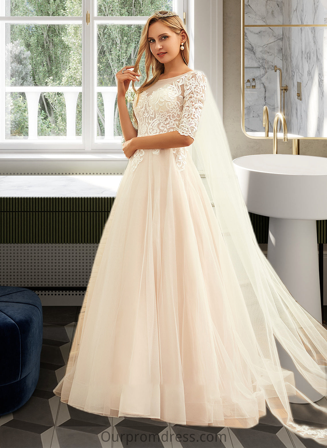 Evelyn Ball-Gown/Princess Scoop Neck Sweep Train Tulle Lace Wedding Dress HDP0013760