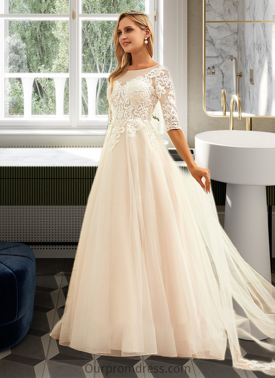 Evelyn Ball-Gown/Princess Scoop Neck Sweep Train Tulle Lace Wedding Dress HDP0013760