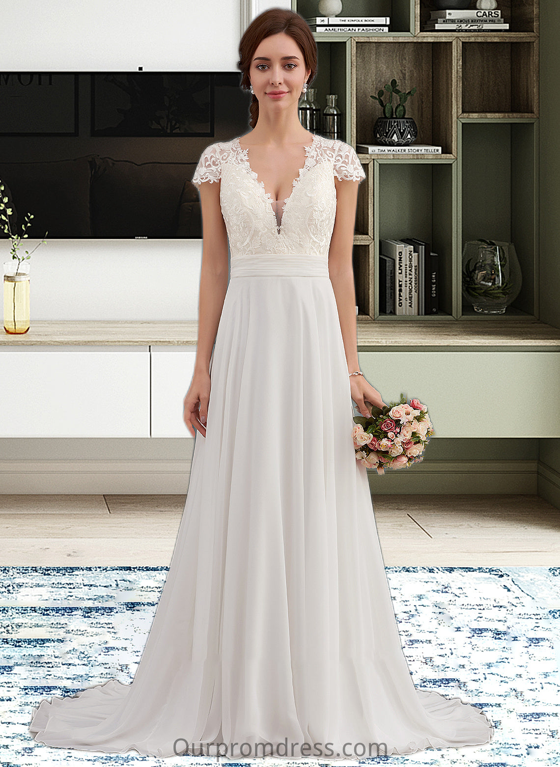 Makenzie A-Line V-neck Sweep Train Chiffon Wedding Dress With Ruffle HDP0013761