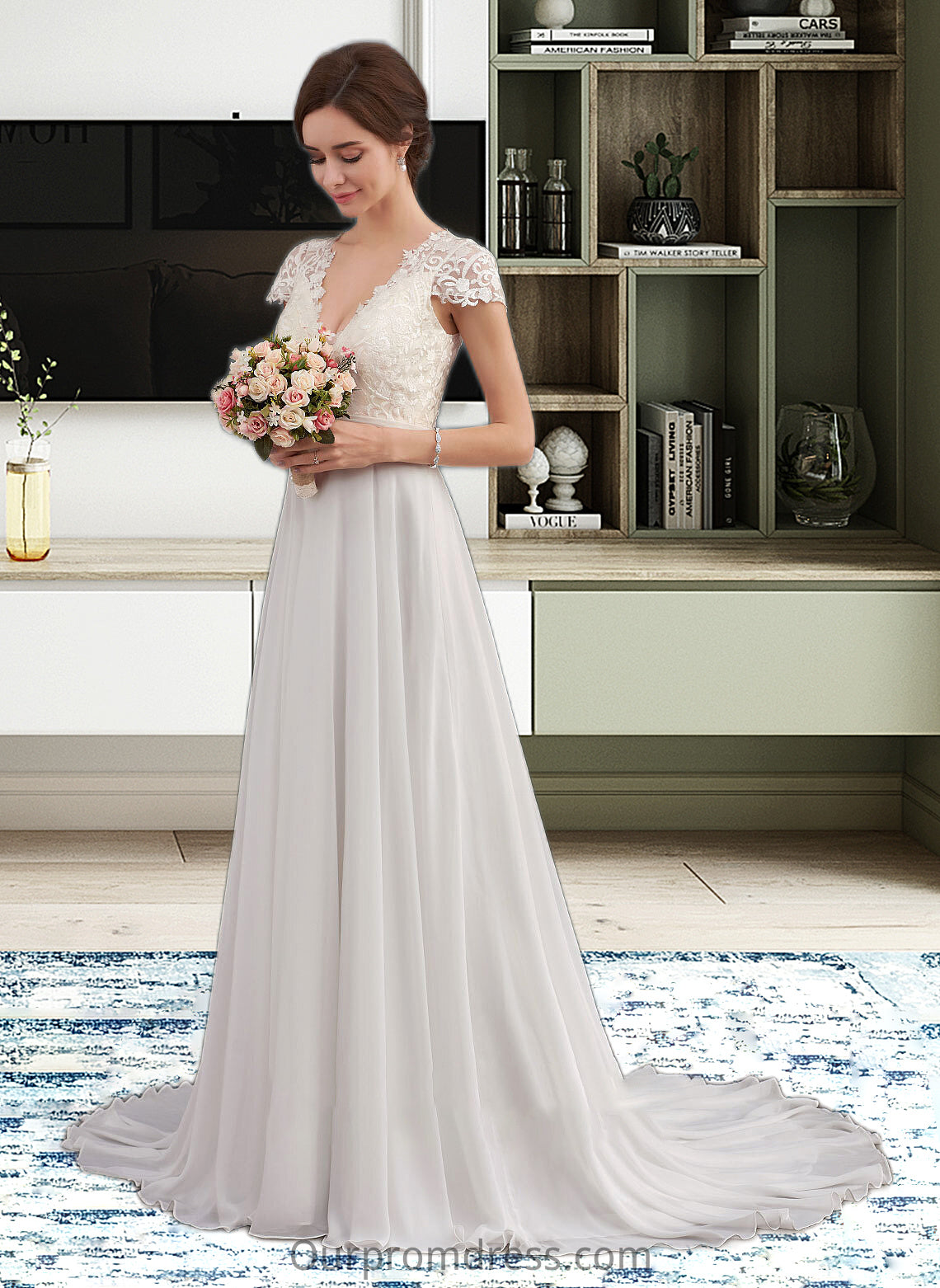 Makenzie A-Line V-neck Sweep Train Chiffon Wedding Dress With Ruffle HDP0013761