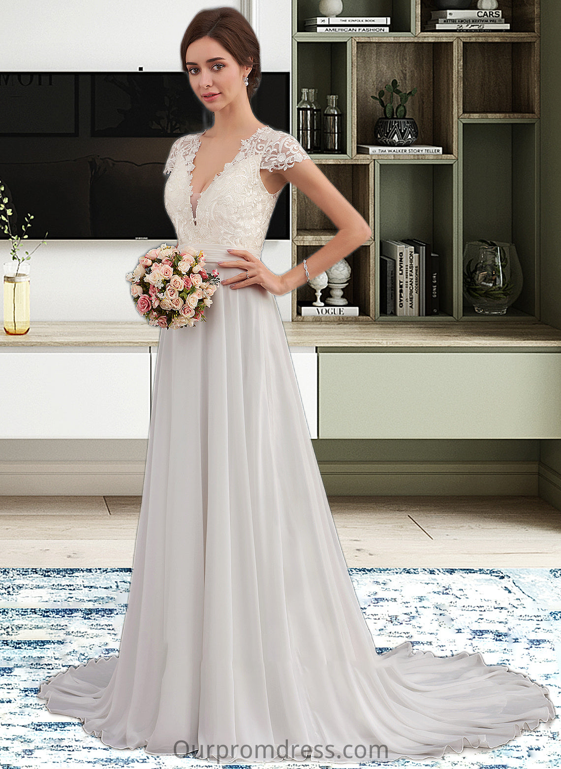 Makenzie A-Line V-neck Sweep Train Chiffon Wedding Dress With Ruffle HDP0013761