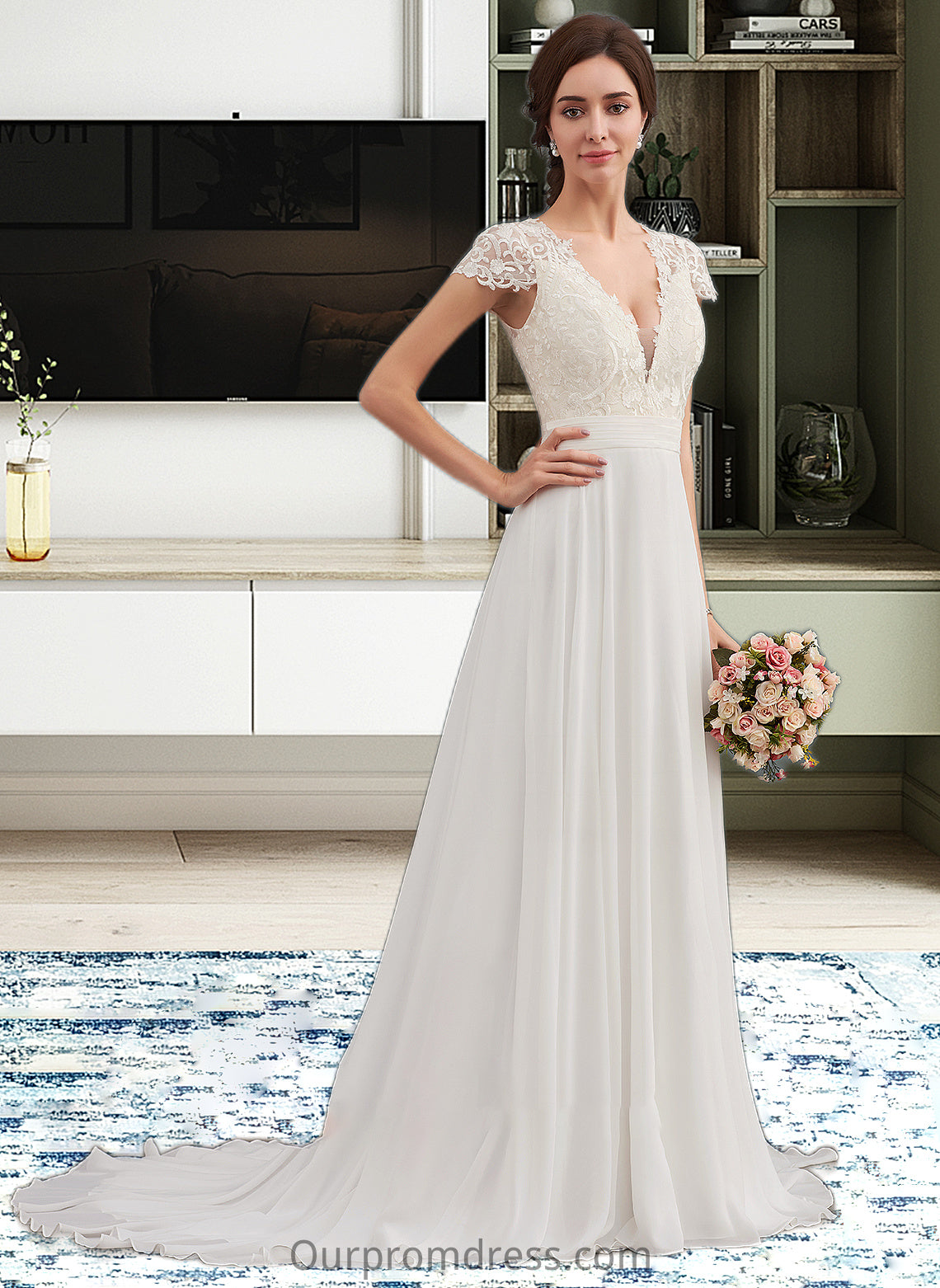 Makenzie A-Line V-neck Sweep Train Chiffon Wedding Dress With Ruffle HDP0013761