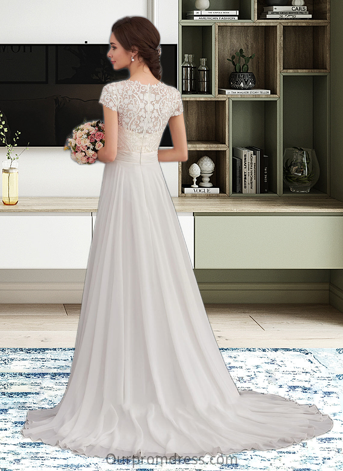 Makenzie A-Line V-neck Sweep Train Chiffon Wedding Dress With Ruffle HDP0013761