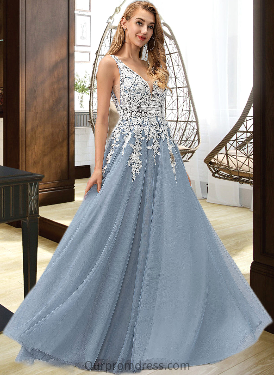 Kayden Ball-Gown/Princess V-neck Floor-Length Tulle Wedding Dress With Lace HDP0013763