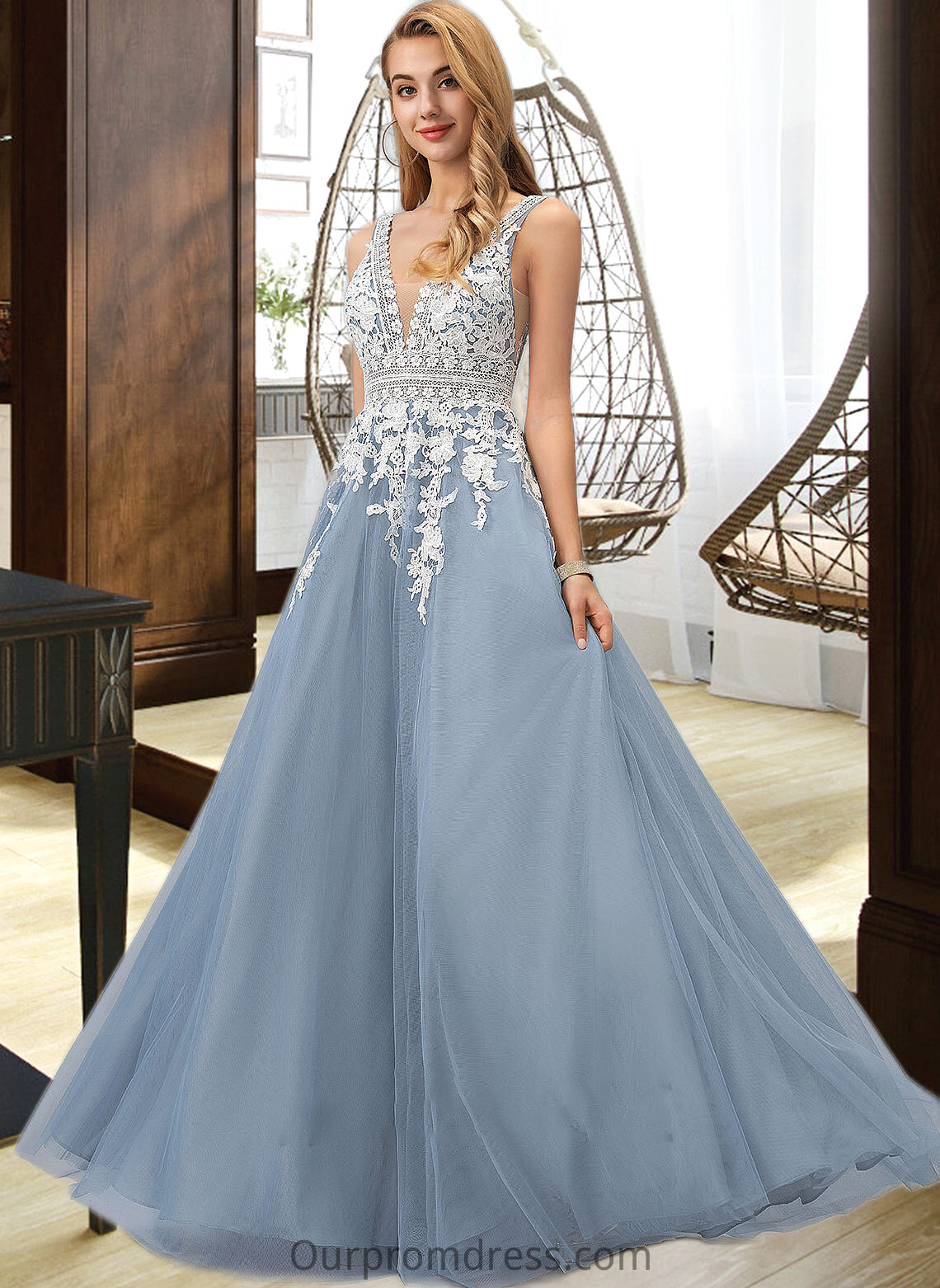 Kayden Ball-Gown/Princess V-neck Floor-Length Tulle Wedding Dress With Lace HDP0013763