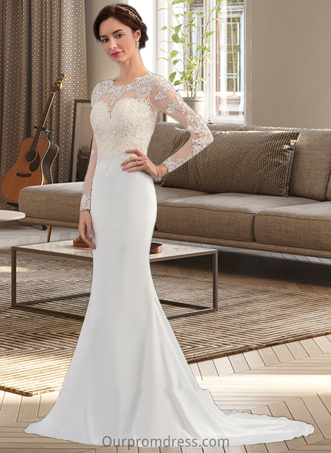 Mary Trumpet/Mermaid Illusion Sweep Train Stretch Crepe Wedding Dress HDP0013767