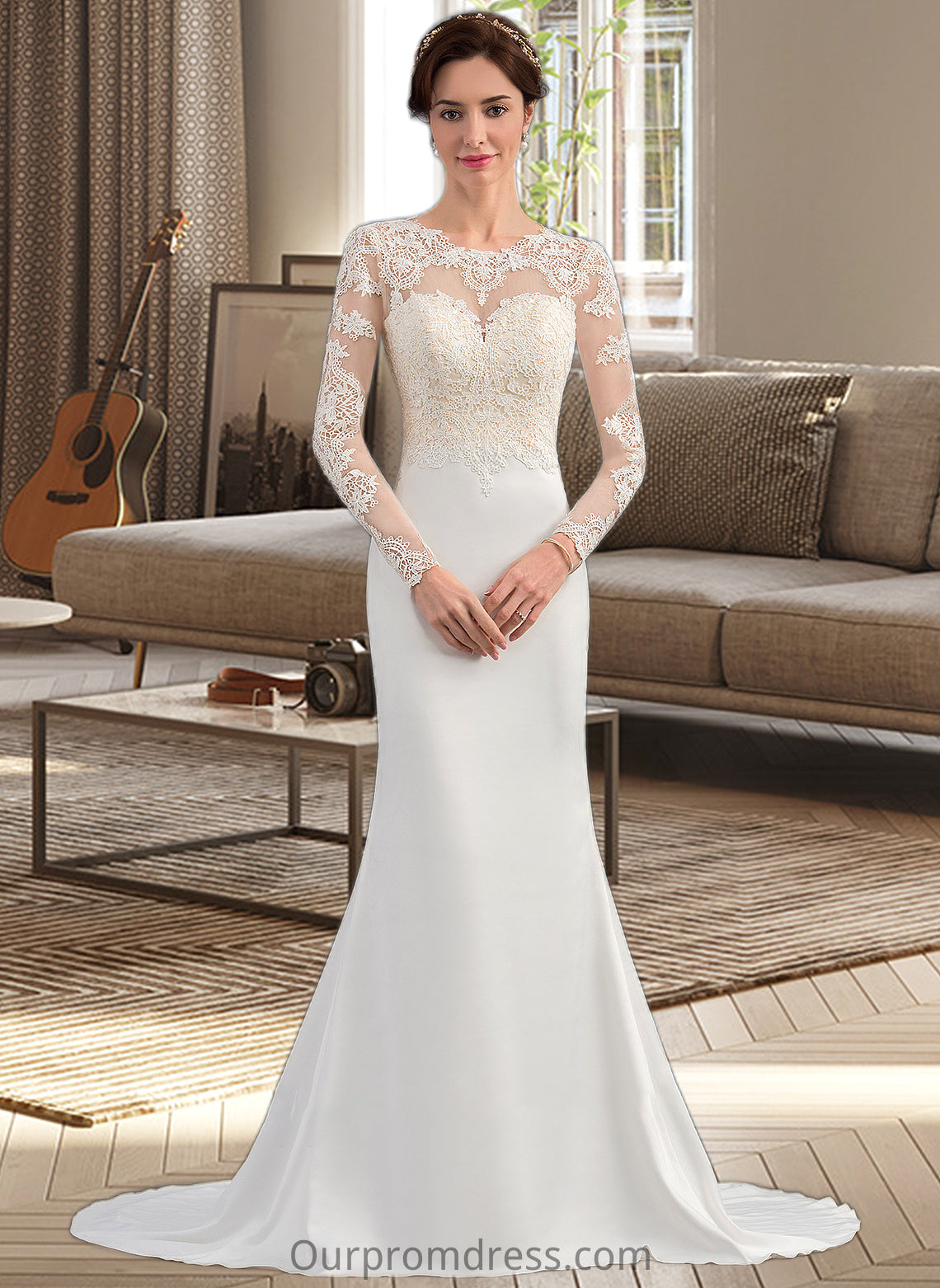 Mary Trumpet/Mermaid Illusion Sweep Train Stretch Crepe Wedding Dress HDP0013767