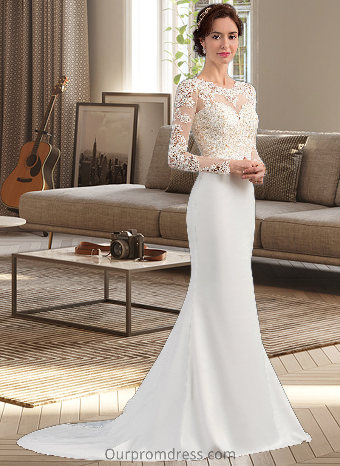 Mary Trumpet/Mermaid Illusion Sweep Train Stretch Crepe Wedding Dress HDP0013767