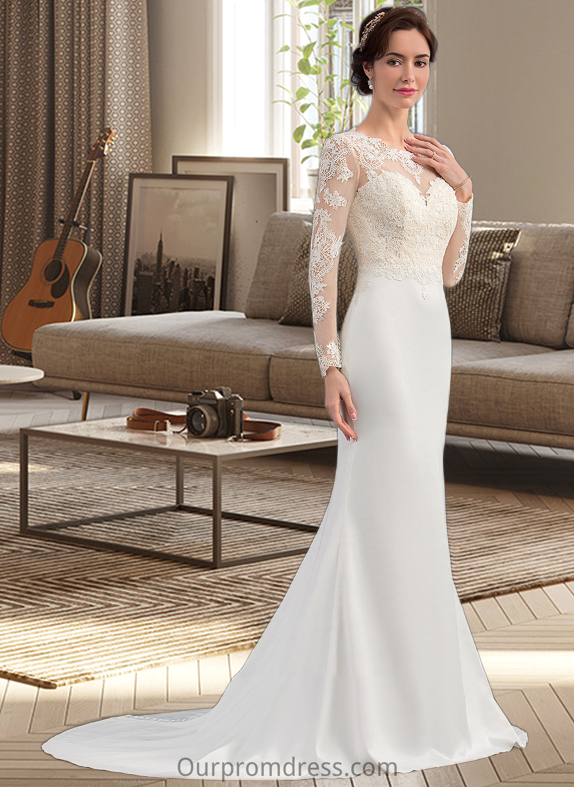 Mary Trumpet/Mermaid Illusion Sweep Train Stretch Crepe Wedding Dress HDP0013767