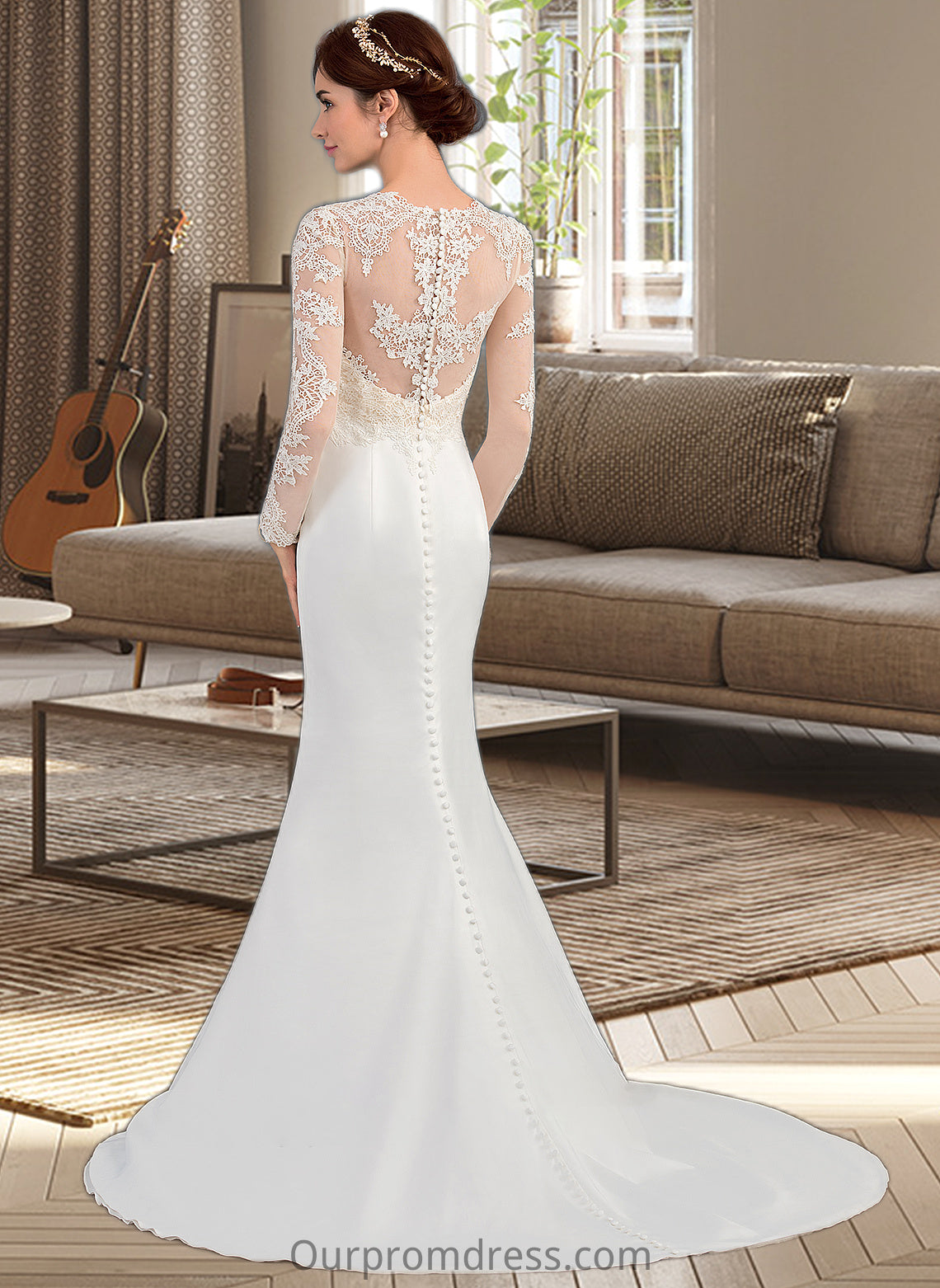 Mary Trumpet/Mermaid Illusion Sweep Train Stretch Crepe Wedding Dress HDP0013767