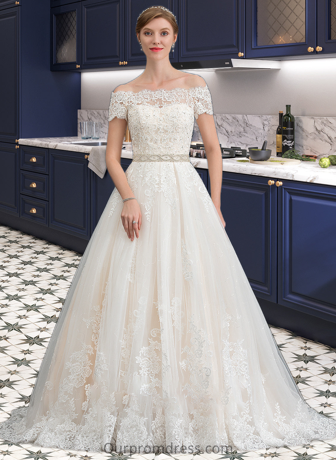 Jakayla Ball-Gown/Princess Court Train Tulle Wedding Dress With Beading Sequins HDP0013770