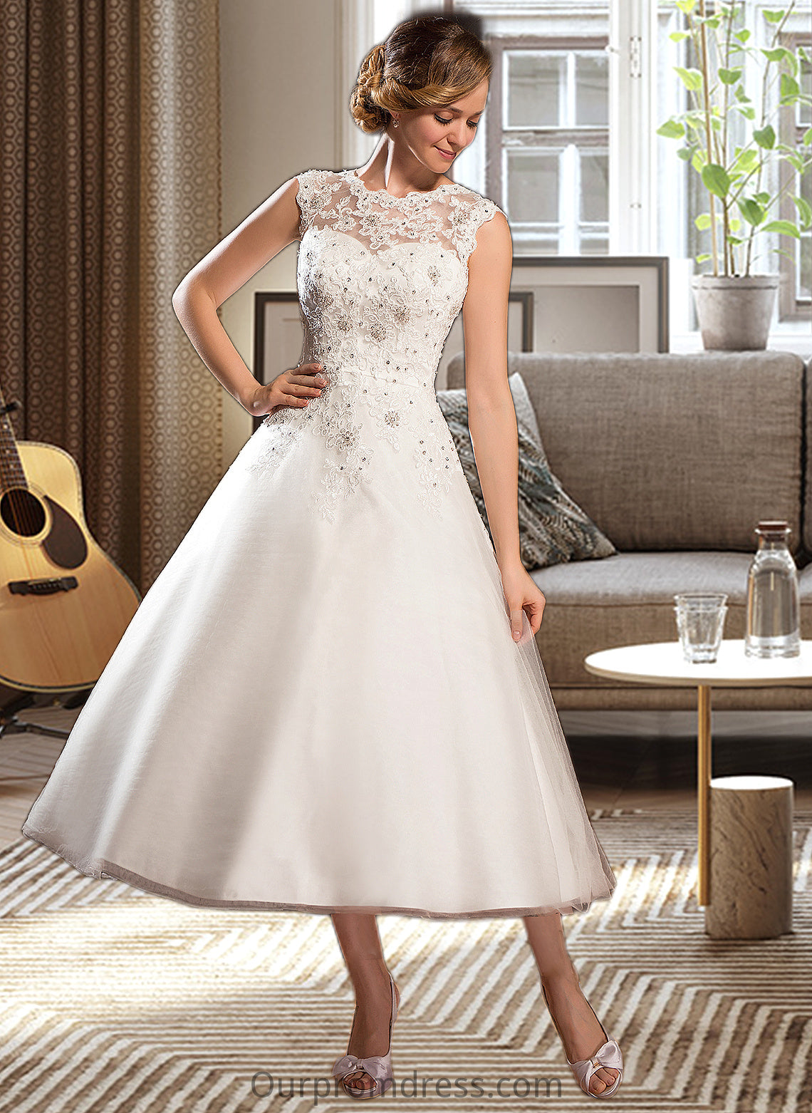 Destinee Ball-Gown/Princess Scoop Neck Tea-Length Tulle Lace Wedding Dress With Beading Sequins HDP0013773