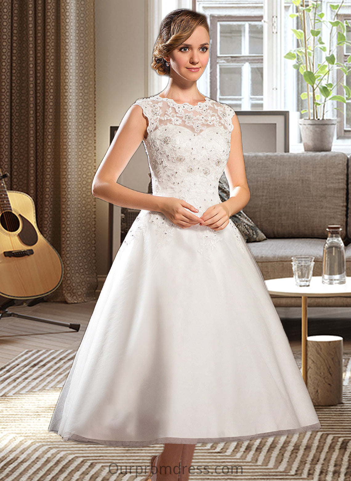 Destinee Ball-Gown/Princess Scoop Neck Tea-Length Tulle Lace Wedding Dress With Beading Sequins HDP0013773