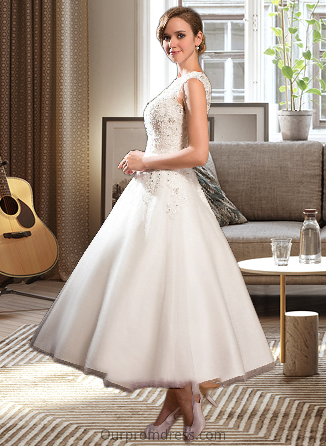 Destinee Ball-Gown/Princess Scoop Neck Tea-Length Tulle Lace Wedding Dress With Beading Sequins HDP0013773