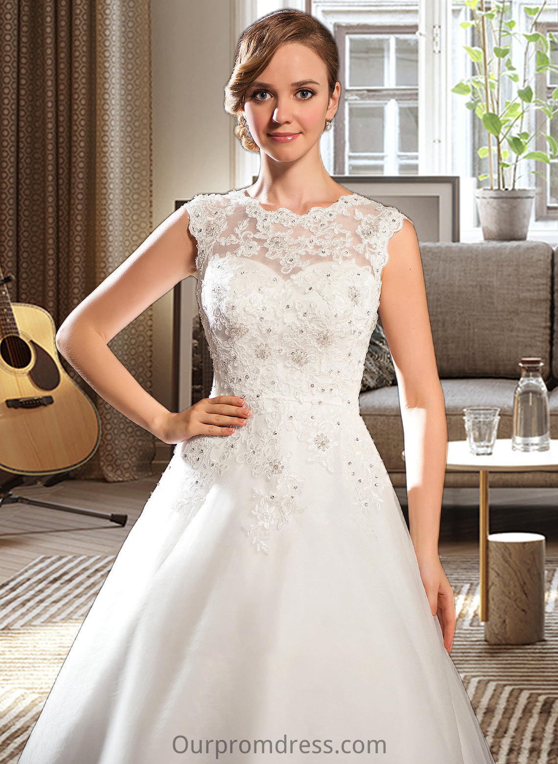 Destinee Ball-Gown/Princess Scoop Neck Tea-Length Tulle Lace Wedding Dress With Beading Sequins HDP0013773