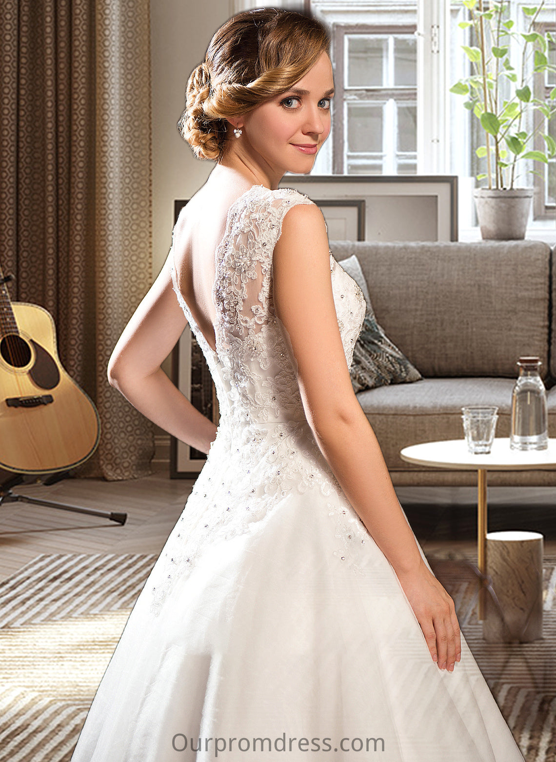 Destinee Ball-Gown/Princess Scoop Neck Tea-Length Tulle Lace Wedding Dress With Beading Sequins HDP0013773