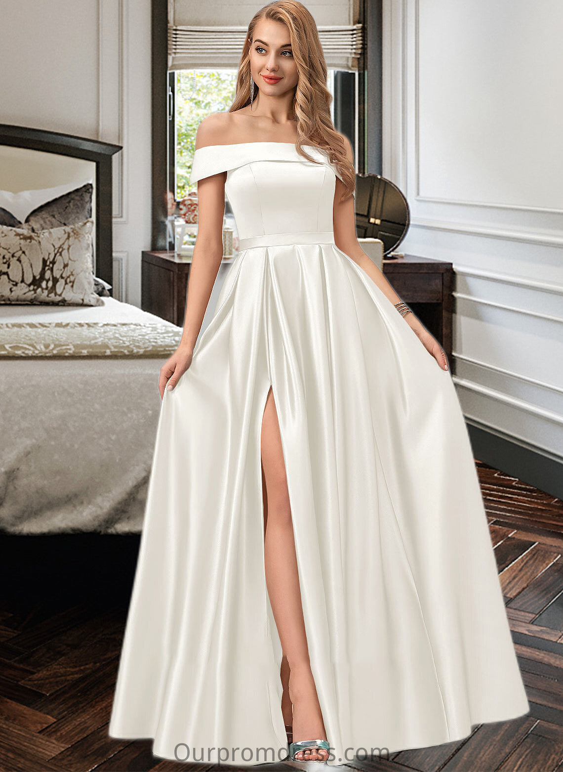 Dalia Ball-Gown/Princess Off-the-Shoulder Floor-Length Satin Wedding Dress With Split Front Pockets HDP0013774