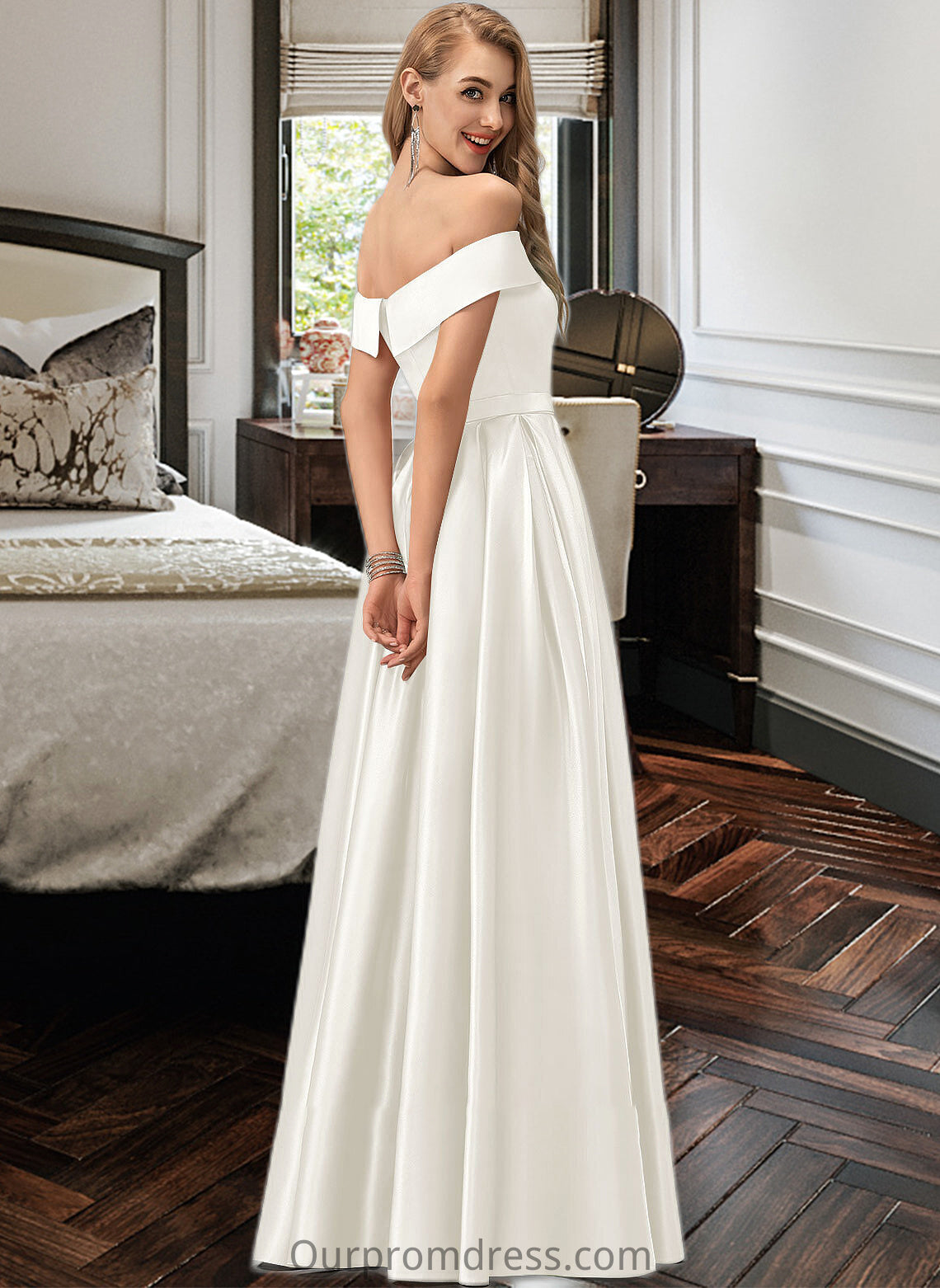 Dalia Ball-Gown/Princess Off-the-Shoulder Floor-Length Satin Wedding Dress With Split Front Pockets HDP0013774