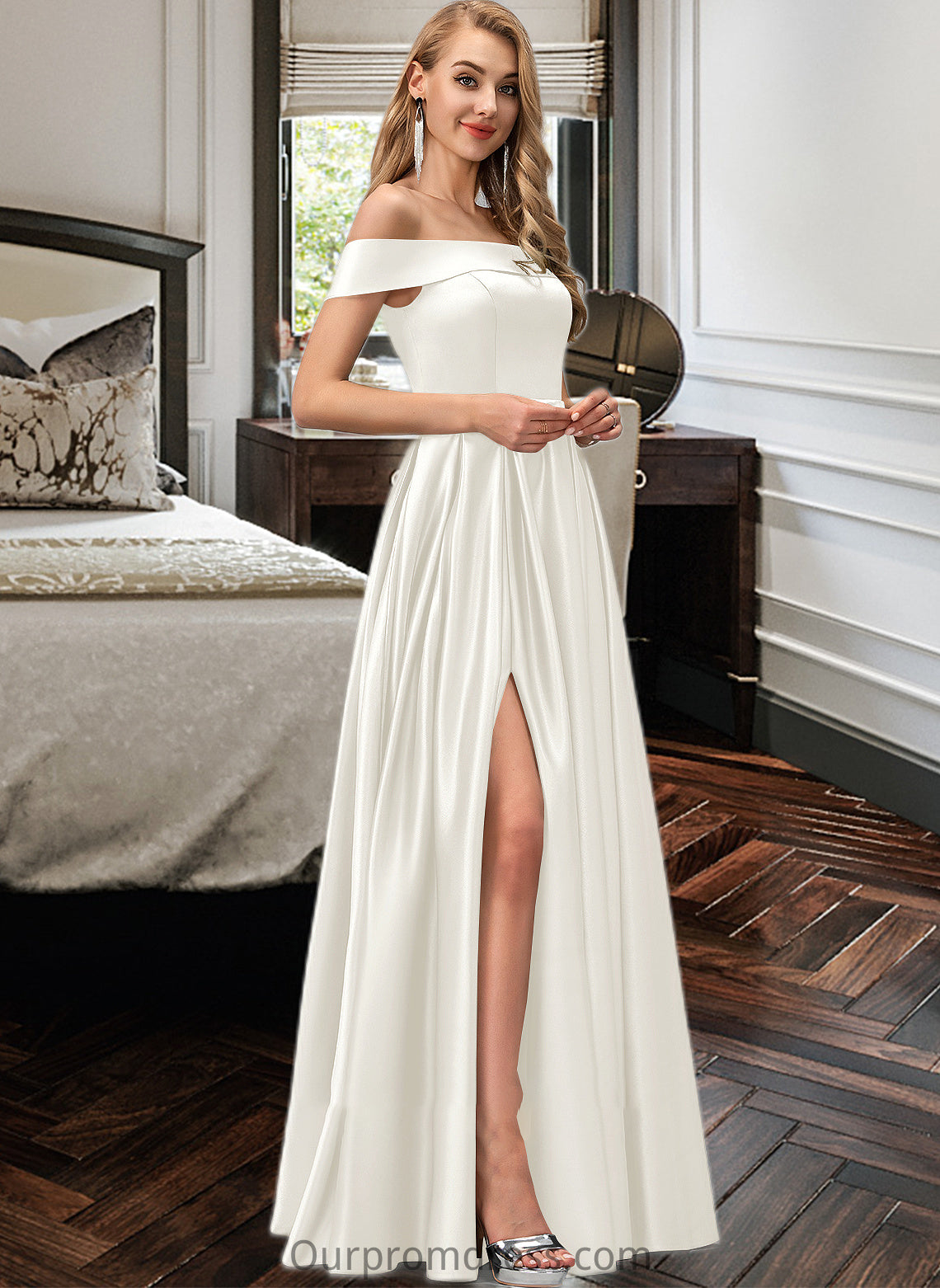 Dalia Ball-Gown/Princess Off-the-Shoulder Floor-Length Satin Wedding Dress With Split Front Pockets HDP0013774