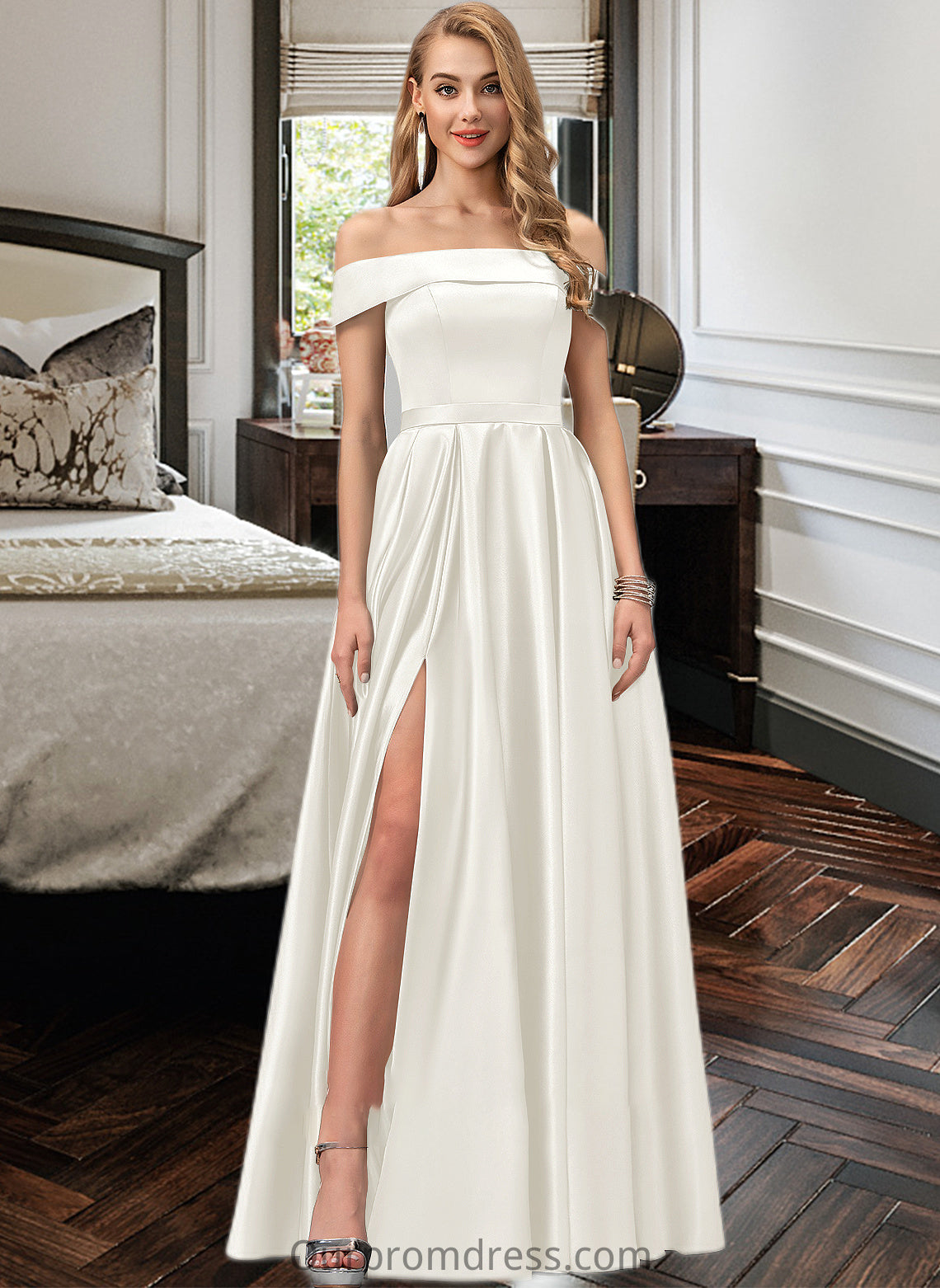 Dalia Ball-Gown/Princess Off-the-Shoulder Floor-Length Satin Wedding Dress With Split Front Pockets HDP0013774