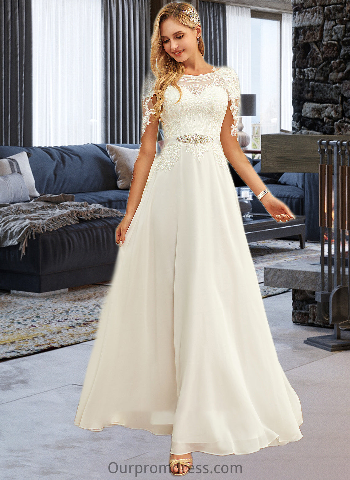 Beatrice A-Line Scoop Neck Floor-Length Chiffon Lace Wedding Dress With Sequins HDP0013775