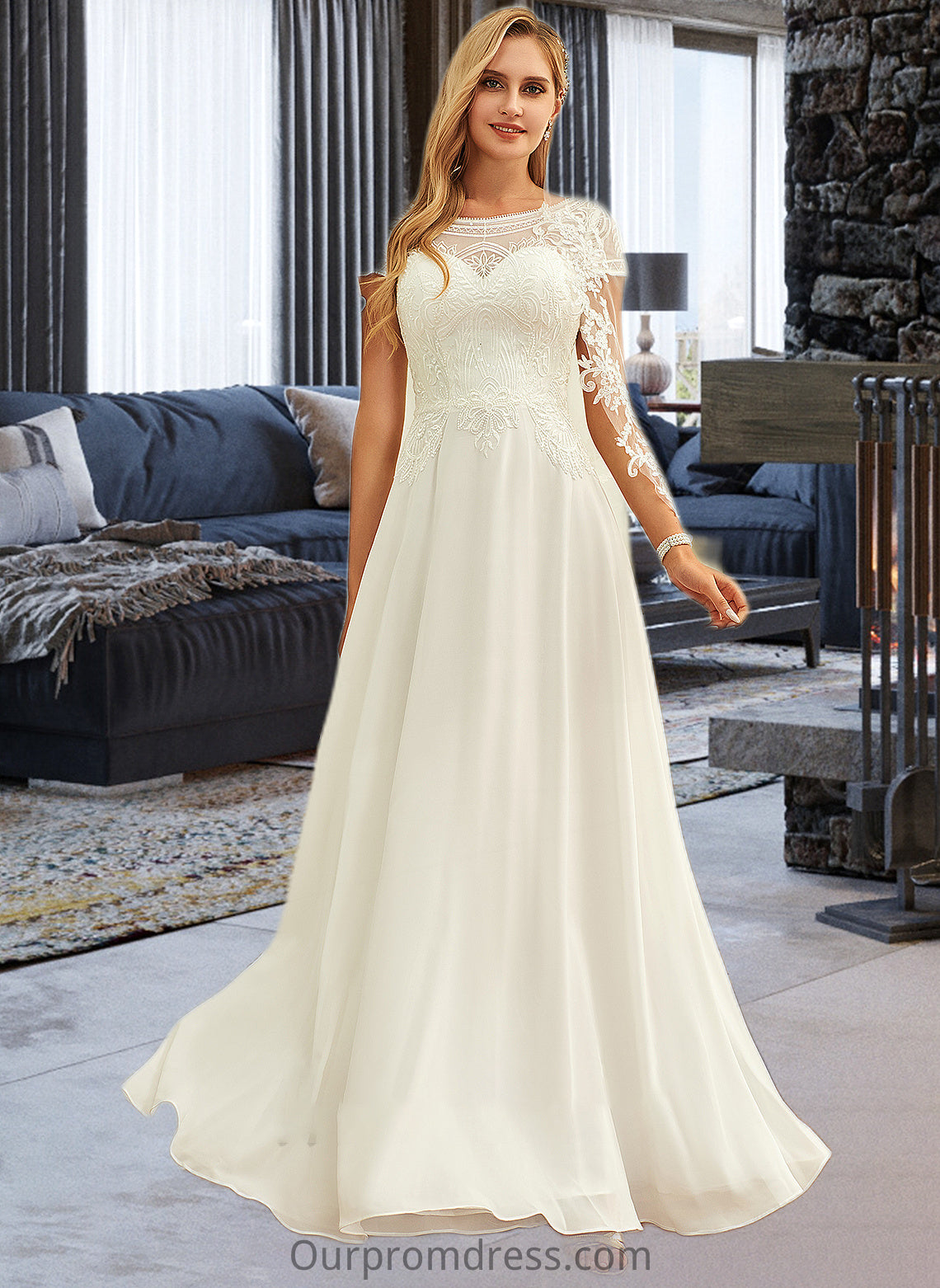 Beatrice A-Line Scoop Neck Floor-Length Chiffon Lace Wedding Dress With Sequins HDP0013775