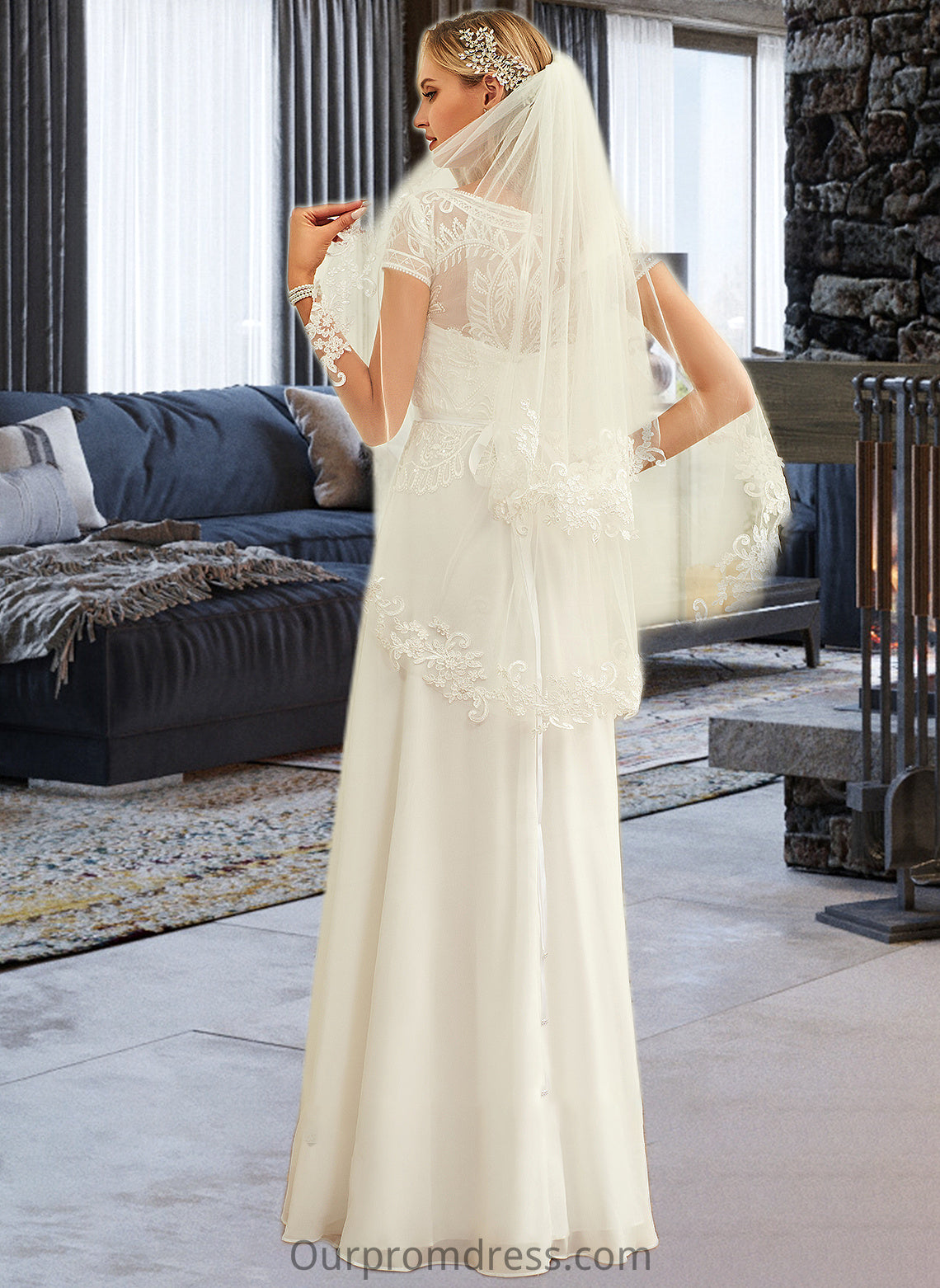 Beatrice A-Line Scoop Neck Floor-Length Chiffon Lace Wedding Dress With Sequins HDP0013775