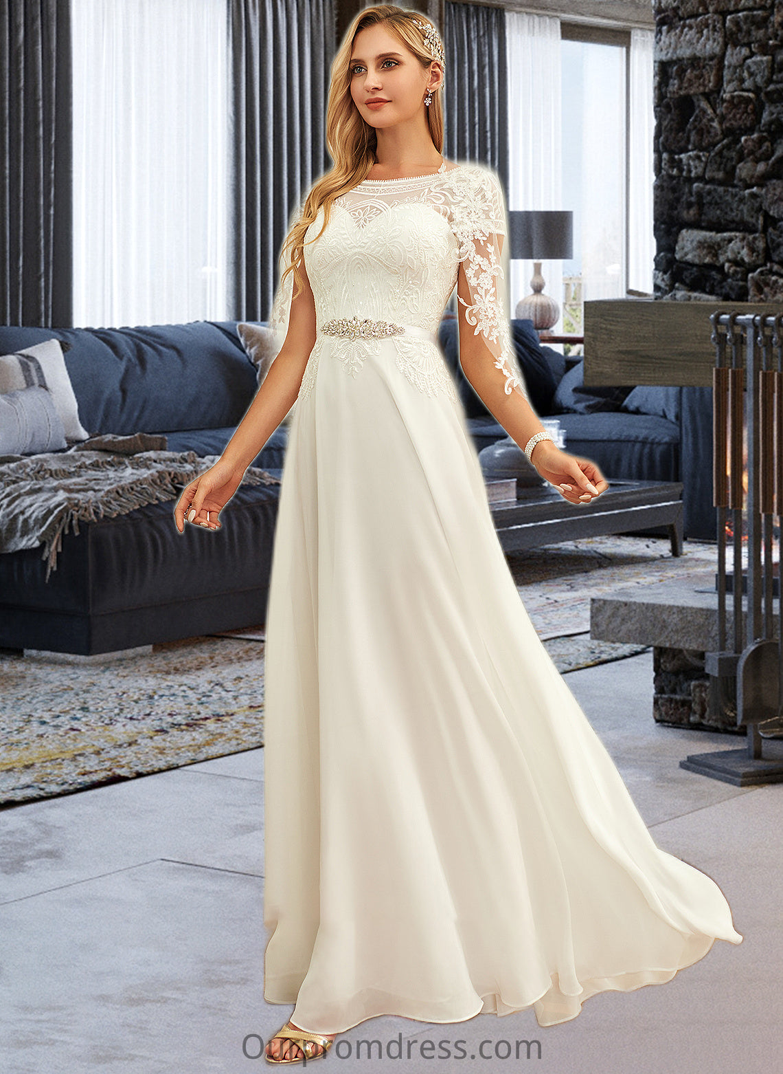 Beatrice A-Line Scoop Neck Floor-Length Chiffon Lace Wedding Dress With Sequins HDP0013775