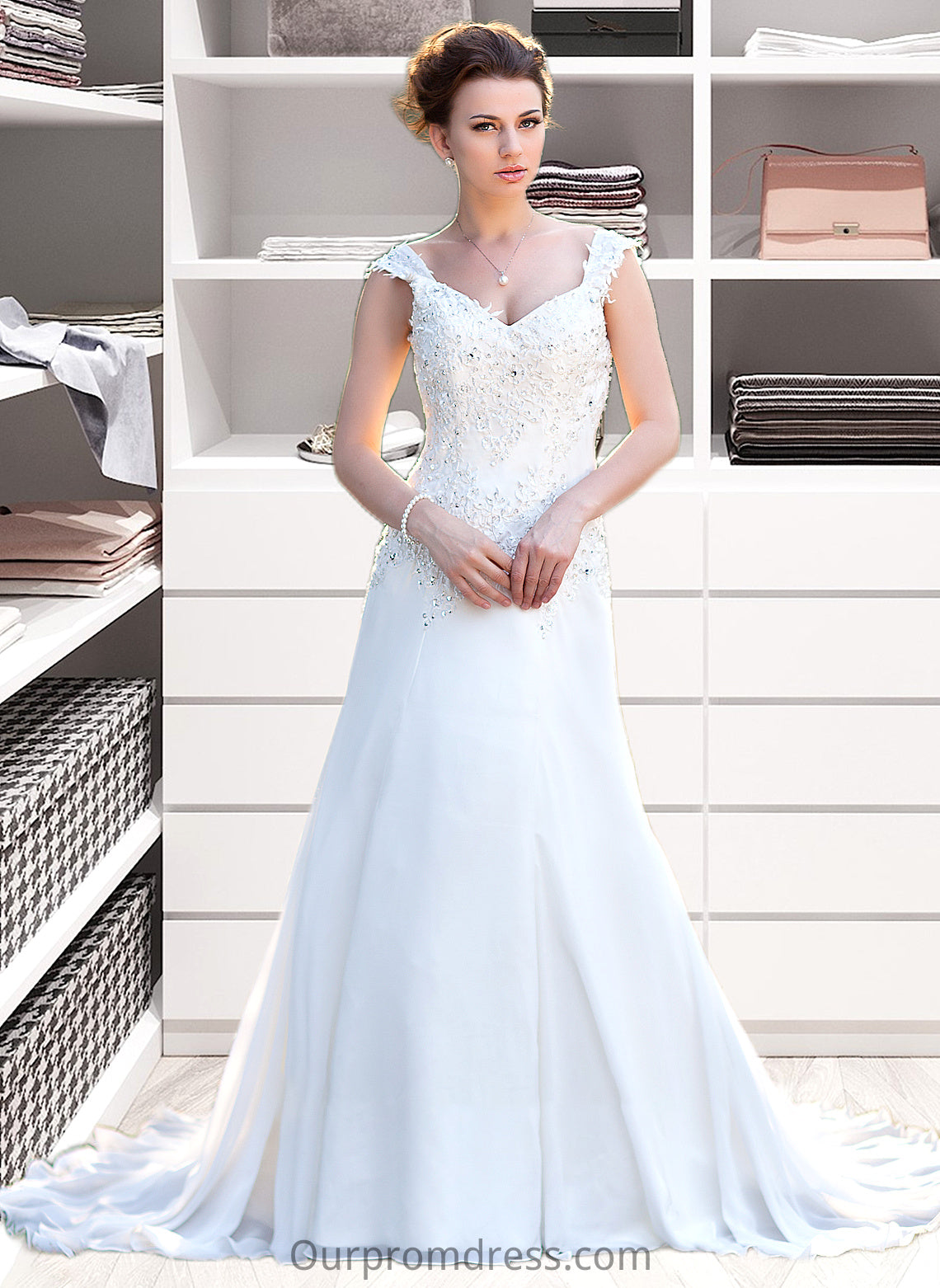 Tiffany A-Line V-neck Court Train Chiffon Wedding Dress With Lace Beading Sequins HDP0013776