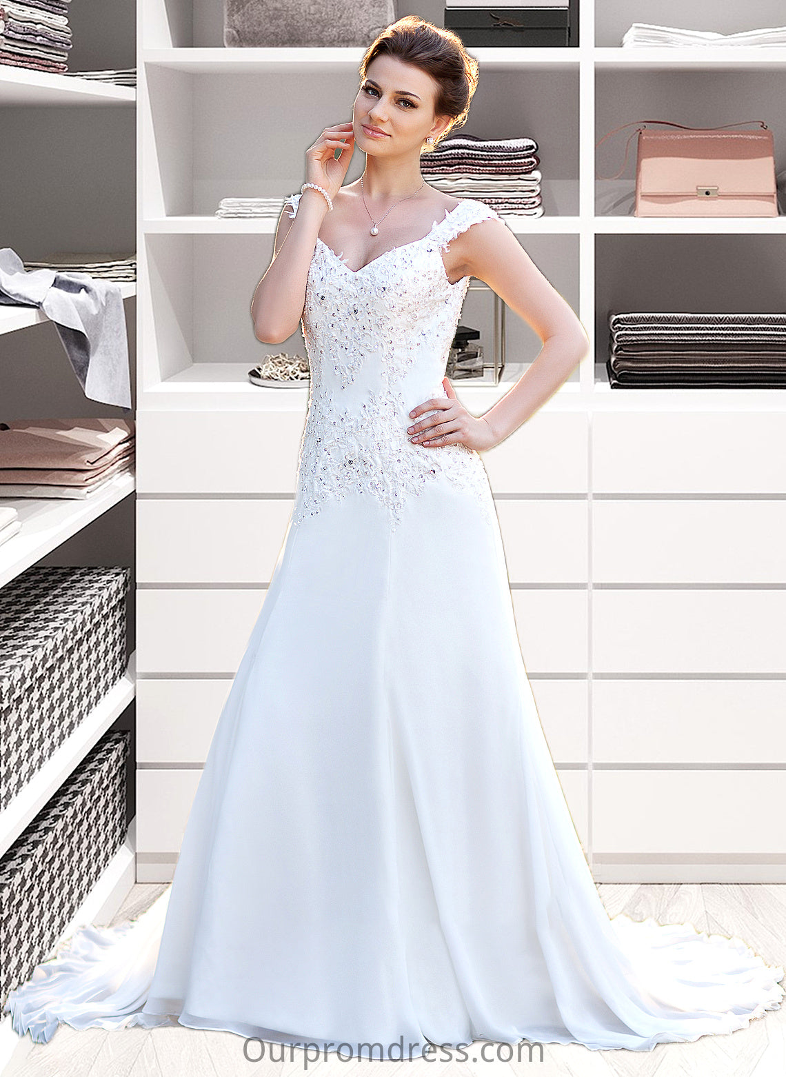 Tiffany A-Line V-neck Court Train Chiffon Wedding Dress With Lace Beading Sequins HDP0013776