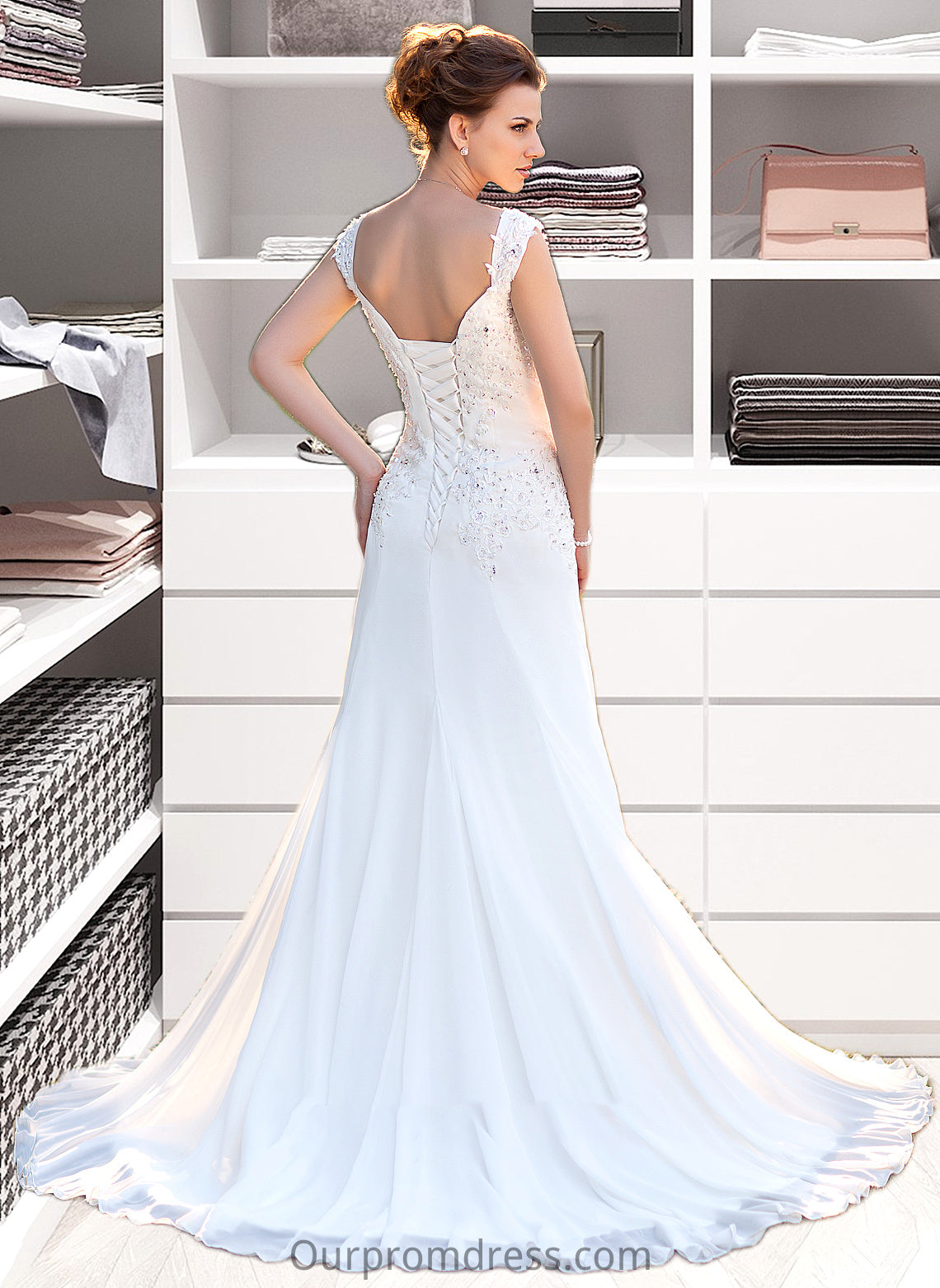 Tiffany A-Line V-neck Court Train Chiffon Wedding Dress With Lace Beading Sequins HDP0013776