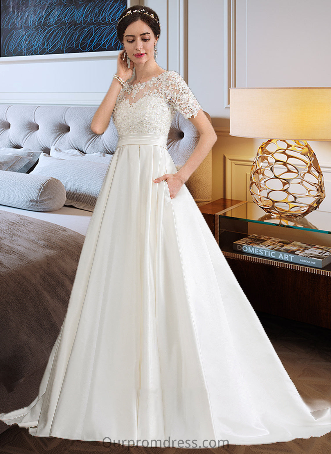 Danika Ball-Gown/Princess Scoop Neck Court Train Satin Wedding Dress With Beading Sequins Pockets HDP0013777