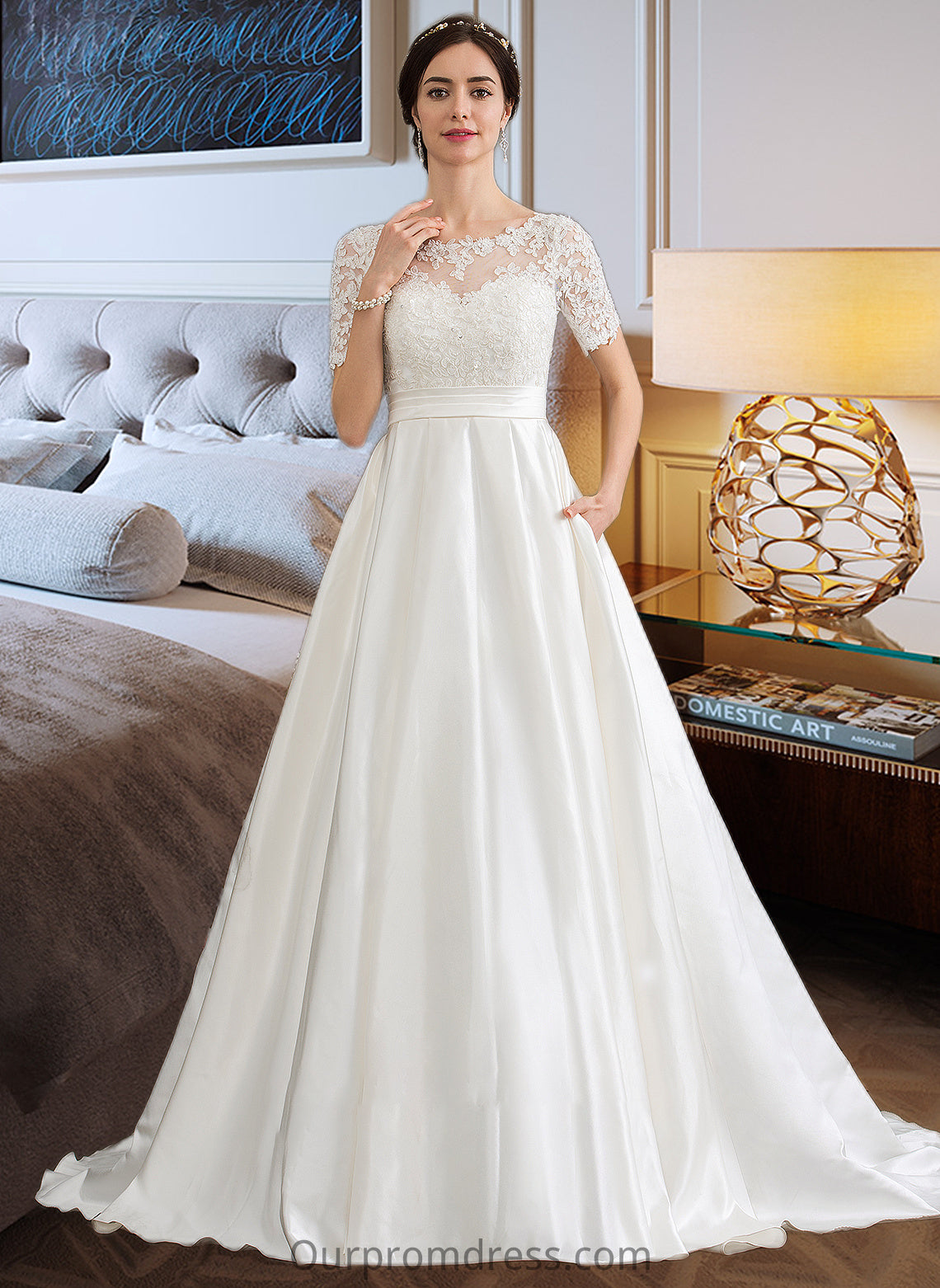 Danika Ball-Gown/Princess Scoop Neck Court Train Satin Wedding Dress With Beading Sequins Pockets HDP0013777