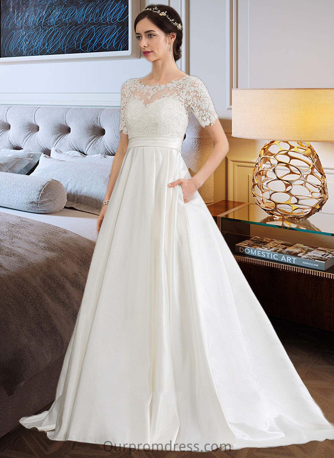 Danika Ball-Gown/Princess Scoop Neck Court Train Satin Wedding Dress With Beading Sequins Pockets HDP0013777