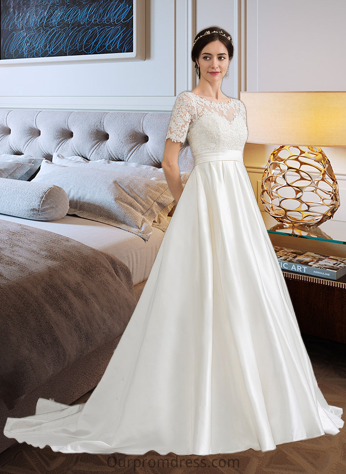 Danika Ball-Gown/Princess Scoop Neck Court Train Satin Wedding Dress With Beading Sequins Pockets HDP0013777