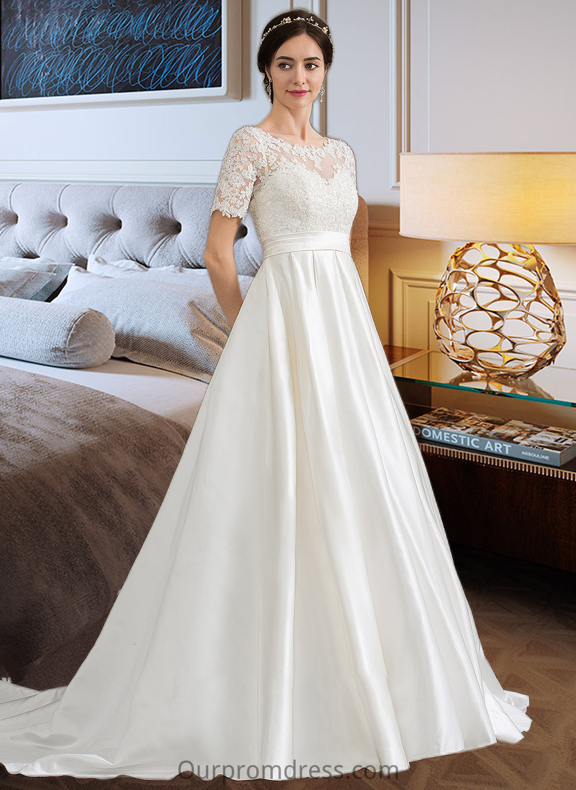 Danika Ball-Gown/Princess Scoop Neck Court Train Satin Wedding Dress With Beading Sequins Pockets HDP0013777