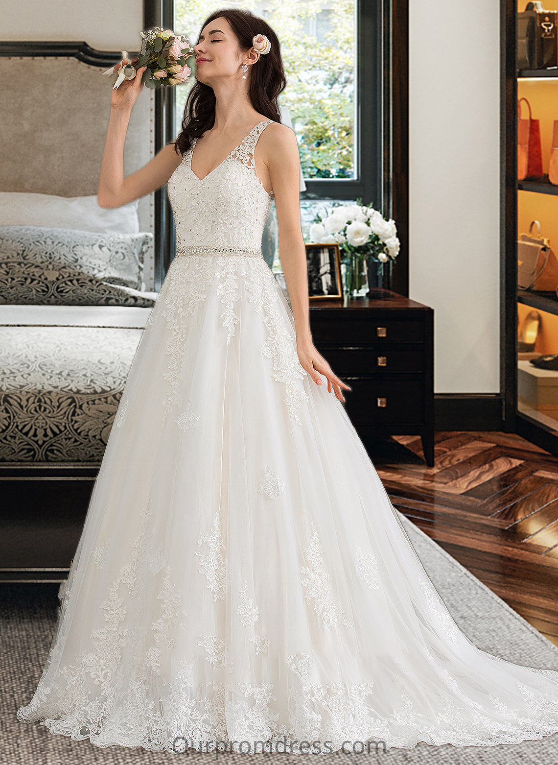 Janet Ball-Gown/Princess V-neck Court Train Tulle Wedding Dress With Beading Sequins HDP0013779