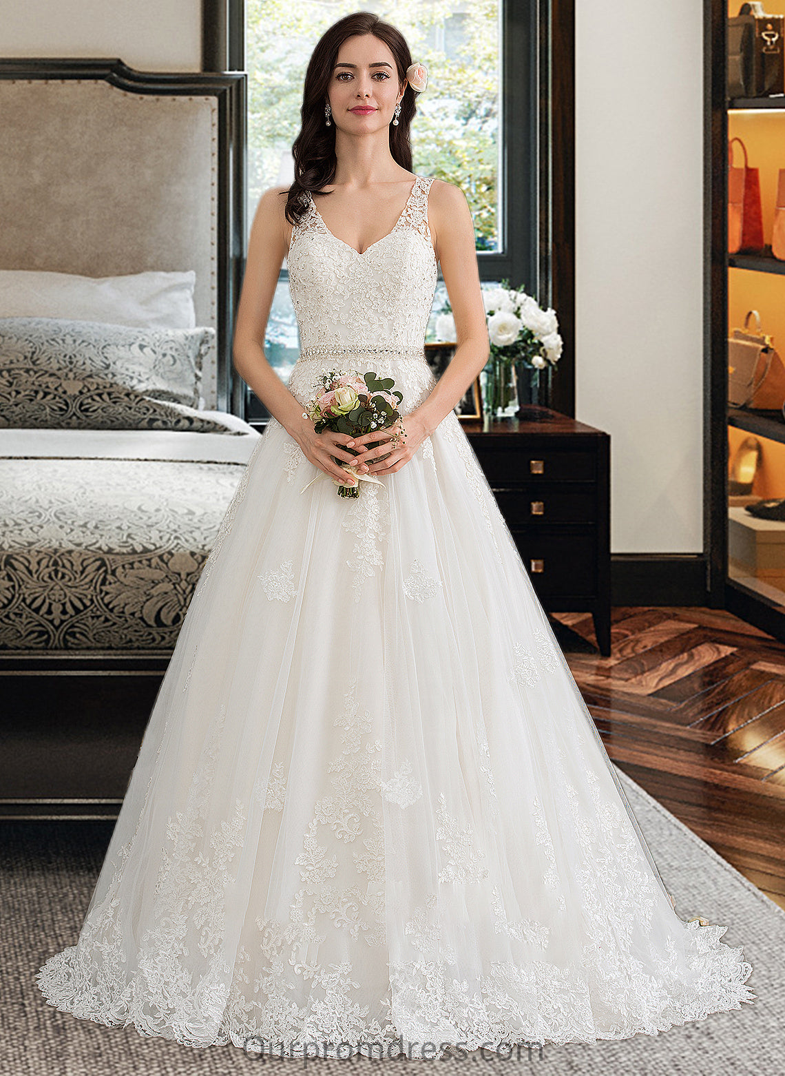 Janet Ball-Gown/Princess V-neck Court Train Tulle Wedding Dress With Beading Sequins HDP0013779